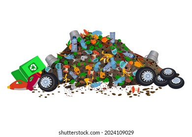 Pile of garbage isolated on white background. Big dump with of trash and rubbish.Waste recycling.City landfill with heap of household waste and junk.Organic and plastic dirty stack.Vector illustration