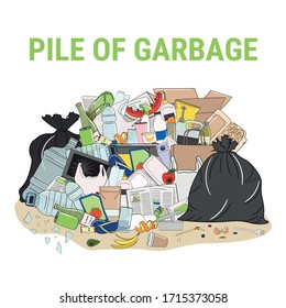 Pile of garbage and overflowing rubbish, food, metal, plastic, paper, glass, mixed trash. Waste management. Garbage pollution. Hand drawn vector illustration.