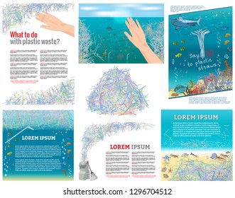 The pile of garbage and plastic straws on the coast. Stop pollution on the ocean, trash vector illustration. Environmental disaster of debris. Concept of Recycles Day, World Cleanup day and ecology