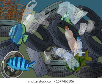 The pile of garbage and plastic straws. Stop pollution on the ocean, waste vector illustration. Environmental disaster of debris. Concept of Recycles Day, World Cleanup day and ecology