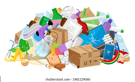 pile garbage waste plastic many isolated white, stack garbage plastic and paper many dump, different types waste (organic, plastic, glass, metal, paper and electronic e-waste), pollution garbage waste