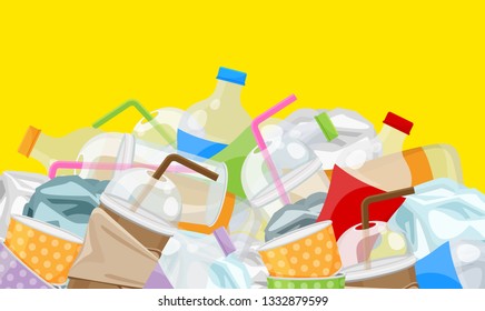 pile of garbage waste plastic and paper many isolated on yellow background, illustration bottles plastic garbage waste many, stack of plastic bottle paper cup waste dump, pollution garbage
