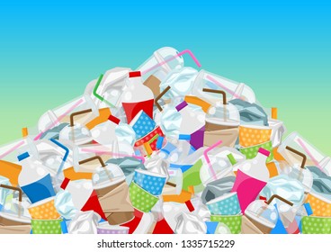 pile garbage waste plastic and paper in mountain shape isolated on blue background, bottles plastic garbage waste many, stack of plastic bottle paper cup waste dump, pollution garbage