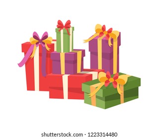 Pile of gift box icons isolated on white. Packed presents, surprise on New Year, birthday or anniversary, vector signs. Containers with surprises