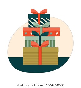 A pile of gift boxes with bows. Gifts for Christmas, birthday, new year. Linear vector illustration in green, red and yellow