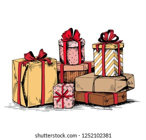 Pile of gift boxes in brown kraft paper and red bows. Hand drawn vector on white background.