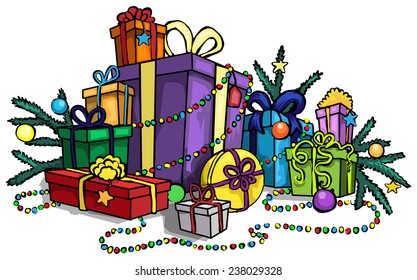 Pile of gift boxes with Christmas decorations, vector illustration, isolated on white