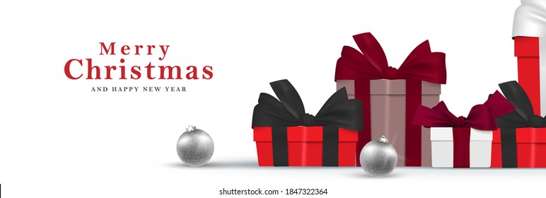 Pile of gift boxes christmas present banner vector. Merry Christmas and happy new year 3d realistic background illustration