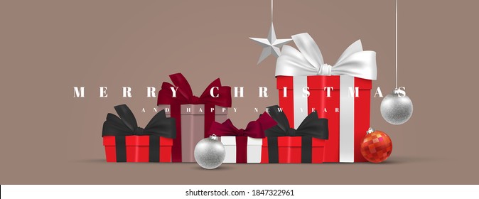 Pila de cajas de regalo navidad presente vectorial de banner. elegante feliz Navidad y feliz año nuevo 3d ilustración realista de fondo