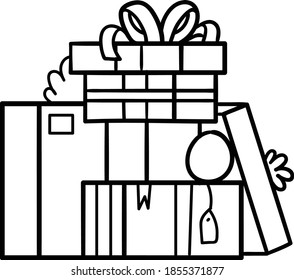 Pile of gift boxes or Christmas presents box with stripes tops and live patterns and knot bow ribbon outline black and white clip art on transparent background