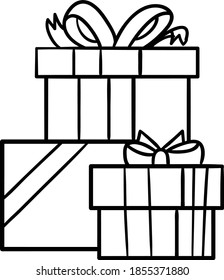Pile of gift boxes or Christmas presents box with stripes tops and live patterns and knot bow ribbon outline black and white clip art on transparent background
