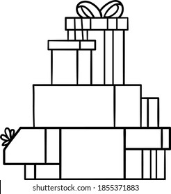 Pile of gift boxes or Christmas presents box with stripes tops and live patterns and knot bow ribbon outline black and white clip art on transparent background