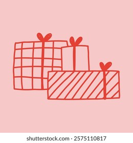 Pile of gift boxes in cute doodle style, vector illustration isolated on pink background. Hand drawn outline presents for Christmas, birthday or valentines day. Concepts of holiday, celebration.