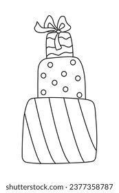 Pile of gift boxes decorated with ribbon bows. hand drawn doodle vector illustration black outline. Great for coloring and greeting cards.	