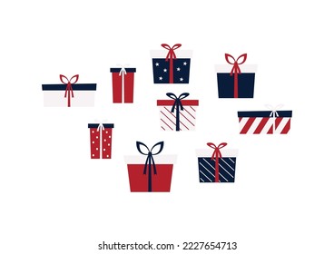Pila de cajas de regalo en papel de envolver festivo con cinta y arcos. Pila de diferentes regalos para las vacaciones de Navidad. Muchas cajas de cambios con etiquetas. Ilustración vectorial plana aislada en blanco.