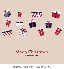 Pila de cajas de regalo en papel de envolver festivo con cinta y arcos. Pila de diferentes regalos para las vacaciones de Navidad. Muchas cajas de cambios con etiquetas. Ilustración vectorial plana aislada en blanco.