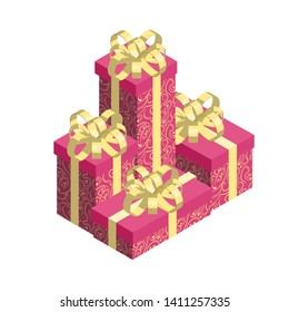 Pile of gift boxes isolated on white background. Red pattern wrap paper and golden bow. Vector illustration.