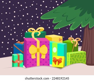 Pile of gift boxes on snow under fir tree vector illustration. Cartoon drawing of colorful winter holidays presents for family or friends. Christmas, New Year, winter, celebration concept