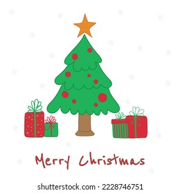 Pile von Geschenkbox, Geschenkideen und Weihnachtsbaum einzeln auf Weiß. Farbenfroh verpackt. Verkaufs- und Einkaufskonzept. Vektorgrafik-Illustration. Weihnachtshintergrund einzeln auf weißem Hintergrund.