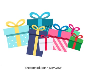 Pile of gift boxes, Presents isolated on white. Colorful wrapped. Sale, shopping concept. Vector Cartoon flat design