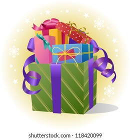 Pile of Gift Boxes with Ribbon. Wrapping paper. Isolated on snowflakes background. Vector.