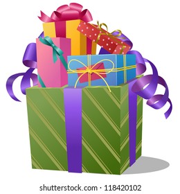 Pile of Gift Boxes with Ribbon. Wrapping paper. Isolated on white background. Vector, Transparency is used in this EPS10 file.