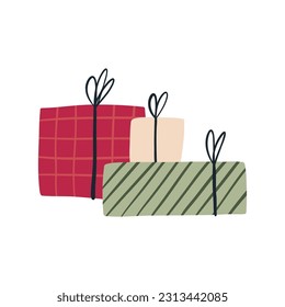 Pile of gift boxes in trendy wrapping paper, hand drawn flat vector illustration isolated on white background. Christmas holiday or birthday celebration. 