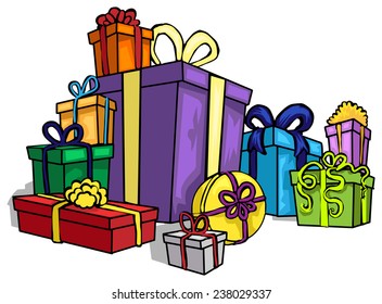 Pile of gift boxes, vector illustration, isolated on white