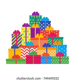 Pile gift boxes. Wrapped presents with bows and ribbons in flat design. Vector. Set colorful elements isolated on white background for greeting cards.