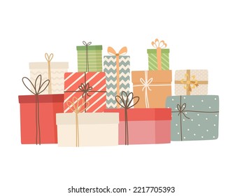 Almohadilla de cajas de regalo en papel envuelto con cinta aislada sobre fondo blanco. Feliz Navidad y Feliz diseño de Año Nuevo. 
Banner de vacaciones, afiche, volante, tarjeta de saludo. Ilustración vectorial plana 