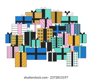 Pile of gifts black friday 2D linear cartoon object. Pile of presents cyber monday isolated line vector element white background. Stack of packages for loyal customers color flat spot illustration