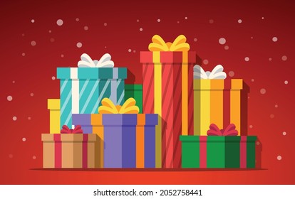 Pile gifts boxes isolated on red background. Christmas gift box. Christmas banner. Vector stock