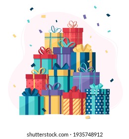 Pile of gifts with confetti, vector illustration