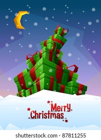 a pile of gifts forming a Christmas tree