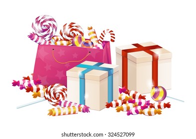 A pile of gifts for the holiday. Boxes with gifts bag with candy, sweets, candy, birthday, Christmas.