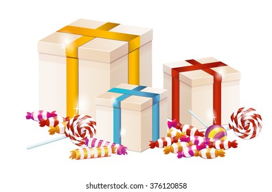 A pile of gifts for the holiday. Boxes with gifts, candy, sweets, birthday, Christmas. Gifts of different size, decoration.