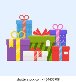 A pile of gifts with ribbons and bows vector illustration. Heap wrapped gifts in colorful packaging in flat style. Many beautiful presents. 