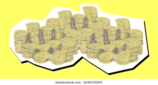 Pile of gold coin dotted collage element in a torn paper vector, created with pointillism. A dynamic, artistic depiction for wealth, finance, treasure, or investment concepts with a rich