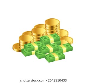 Pile of gold coins and cash. Vector 3d clip art isolated on white background