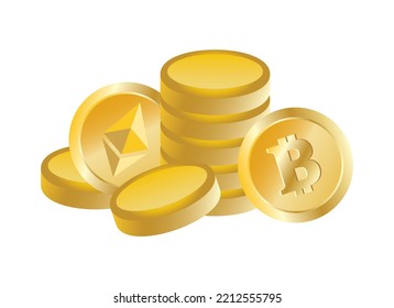 Pile of gold coins and cryptocurrencies icon vector. Bitcoin and ethereum golden shiny coins icon vector. Cryptocurrency icons isolated on a white background. Digital gold design element