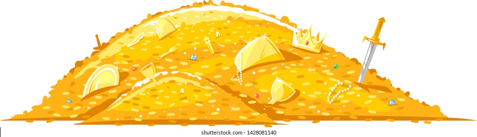 Pile of gold coins and different treasures, big bright treasure of gold coins illustration on white background, wealth concept