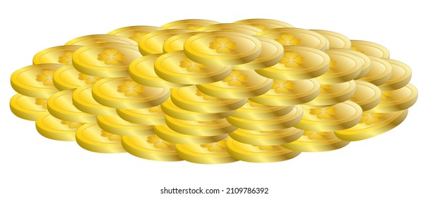 Pile of gold coins. The emblem on the money in the form of a four-leaf clover. Color vector illustration. A scattering of gold. Flat style. Isolated background. Idea for web design.