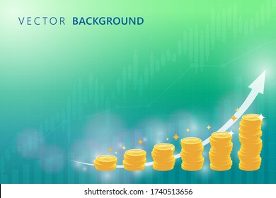 Pile of gold coins on gradient background with light bokeh and financial graph. Money and Finance concept. Flat design vector illustration.
