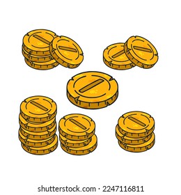 PIle of gold coins. Set of Outline cartoon Icon of money and treasure. Concept of earnings and wealth.