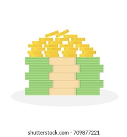 Pile of gold coins. Stack of dollars. Big money. Pile of cash. Vector isolated icon.