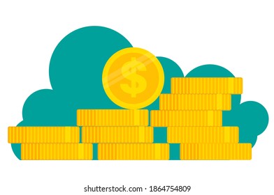 Pile of gold dollar coins on a green cloud background