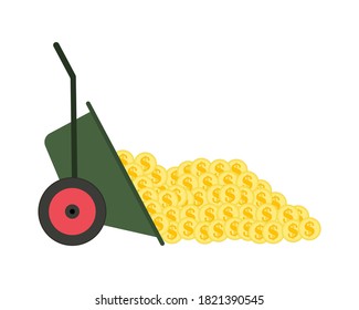 A pile of gold dollar coins are thrown out of a garden wheelbarrow. Vector illustration.