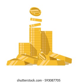 Pile of gold, stack of coins, gold bullion. Isolated on white background, flat vector illustration