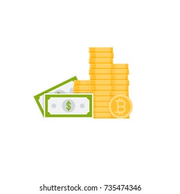 Pile of golden bitcoins. Flat design concept of cryptocurrency technology, bitcoin exchange, bitcoin mining, mobile banking.