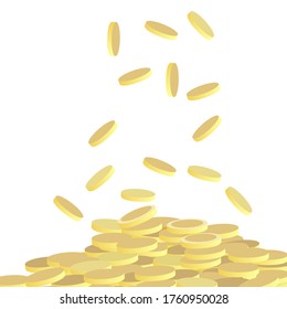 Pile of golden coin, money fall down. Cash pile, treasure yellow gold fall, luck wealth, win casino jackpot. Vector illustration